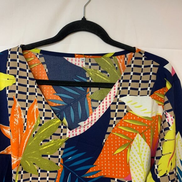 Mini bohemian dress SZ 2X bishop sleeves dropped waist abstract leaf print - Picture 8 of 14